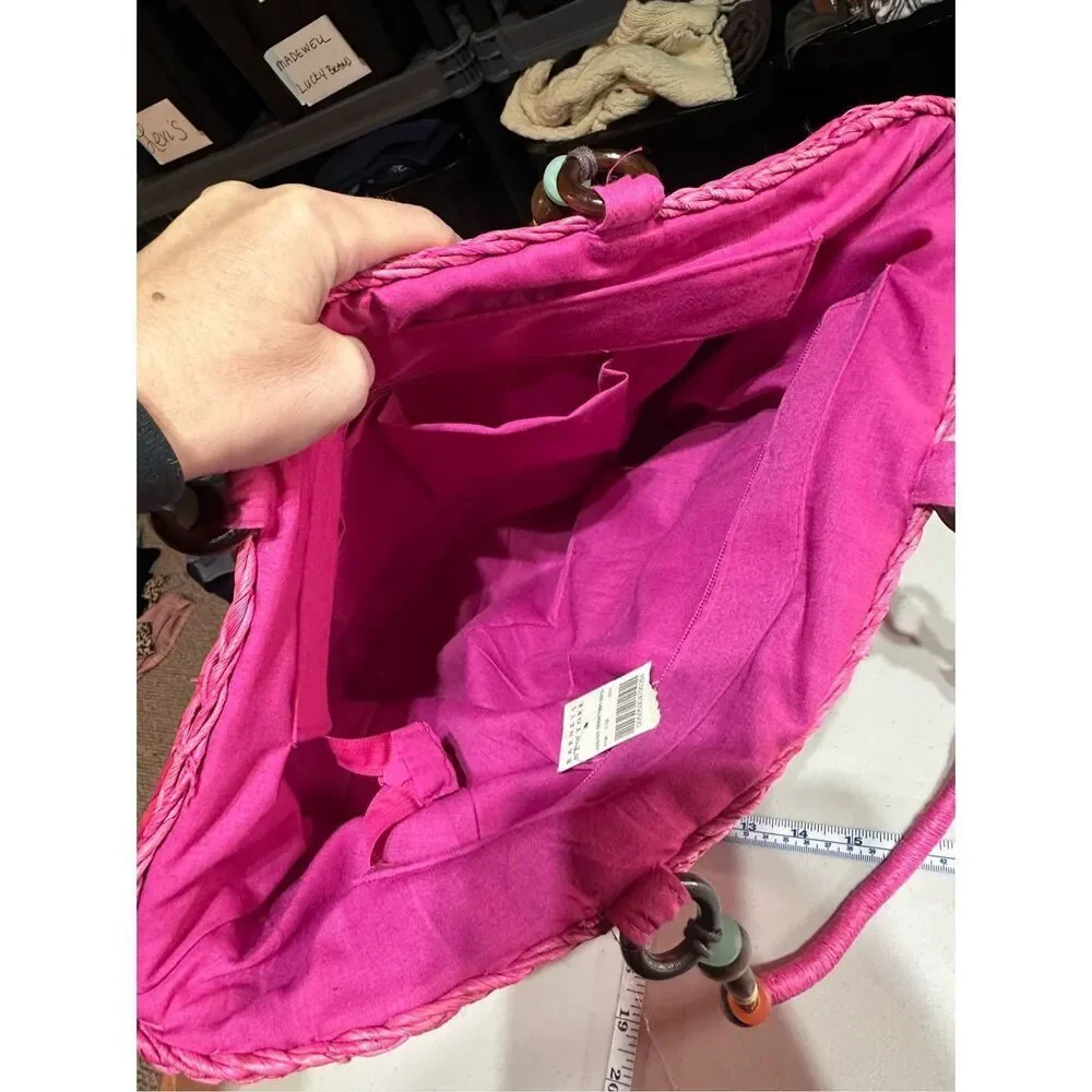 NWT Barney’s NY Pink Straw‎ Beaded Handle Tote Bag